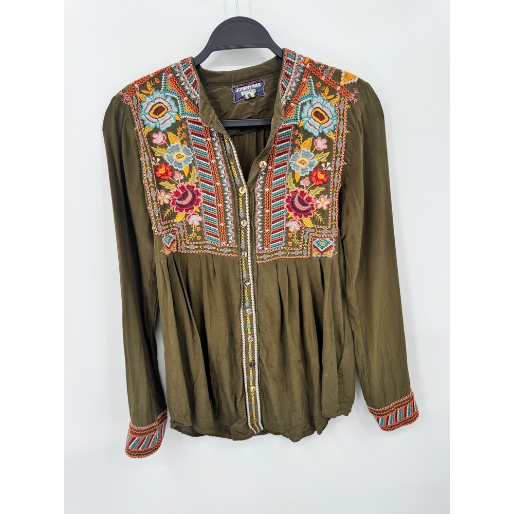 Johnny Was Blouse Women XS Olive Green Silk Embroidered Floral Boho flaw